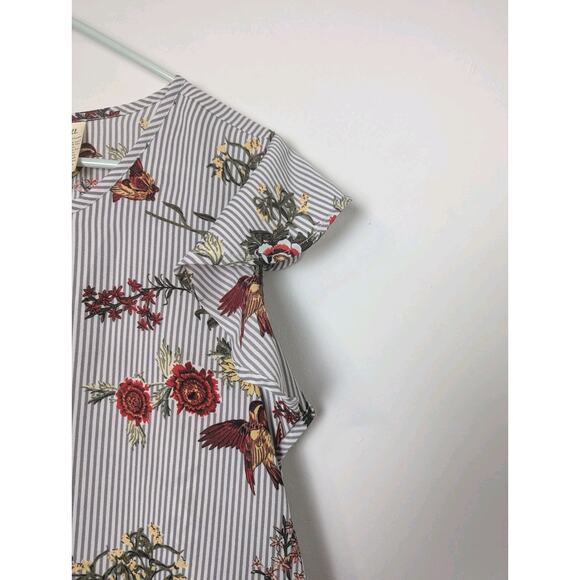 Midnight Sky Floral Sleeveless Blouse Striped Floral Birds XL Ruffle Cap Sleeve - Picture 3 of 9